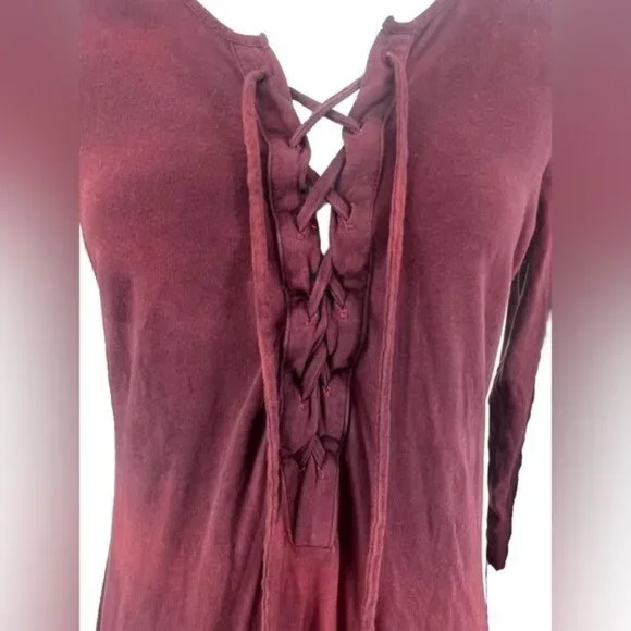 Free People Burgundy Lace Up Long Sleeve Jersey Maxi Dress - Picture 10 of 16